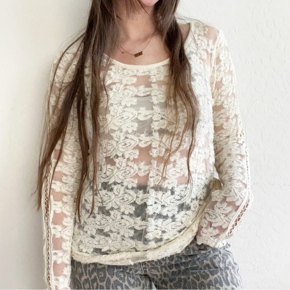 Free People Floral Textured Sheer Lace Pullover top - Picture 2 of 8
